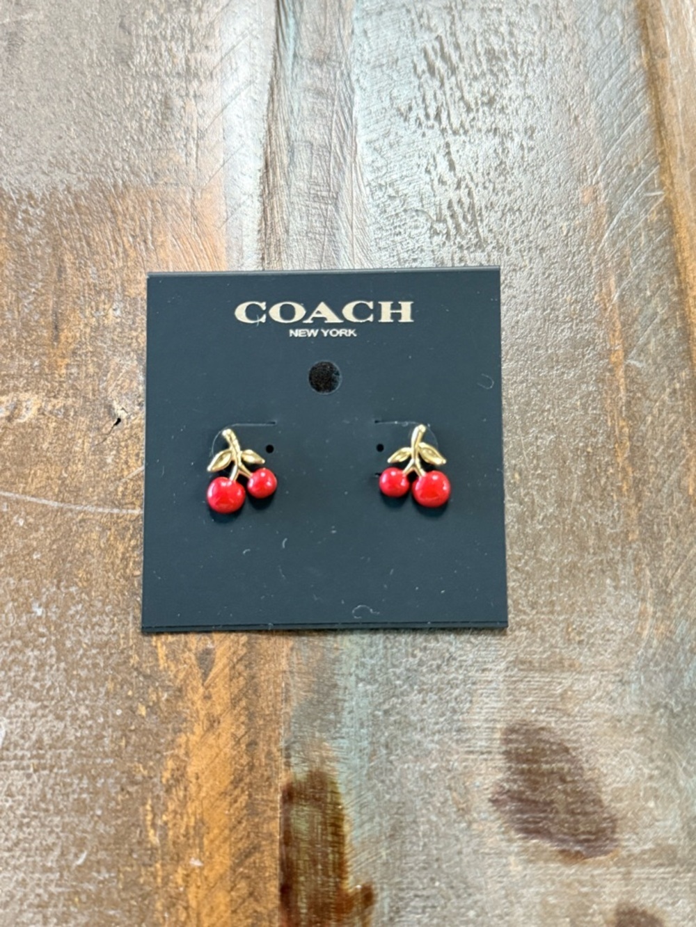 COACH Gold Tone + Red Resin Cherry Stud Earrings NWT Includes Dust Bag